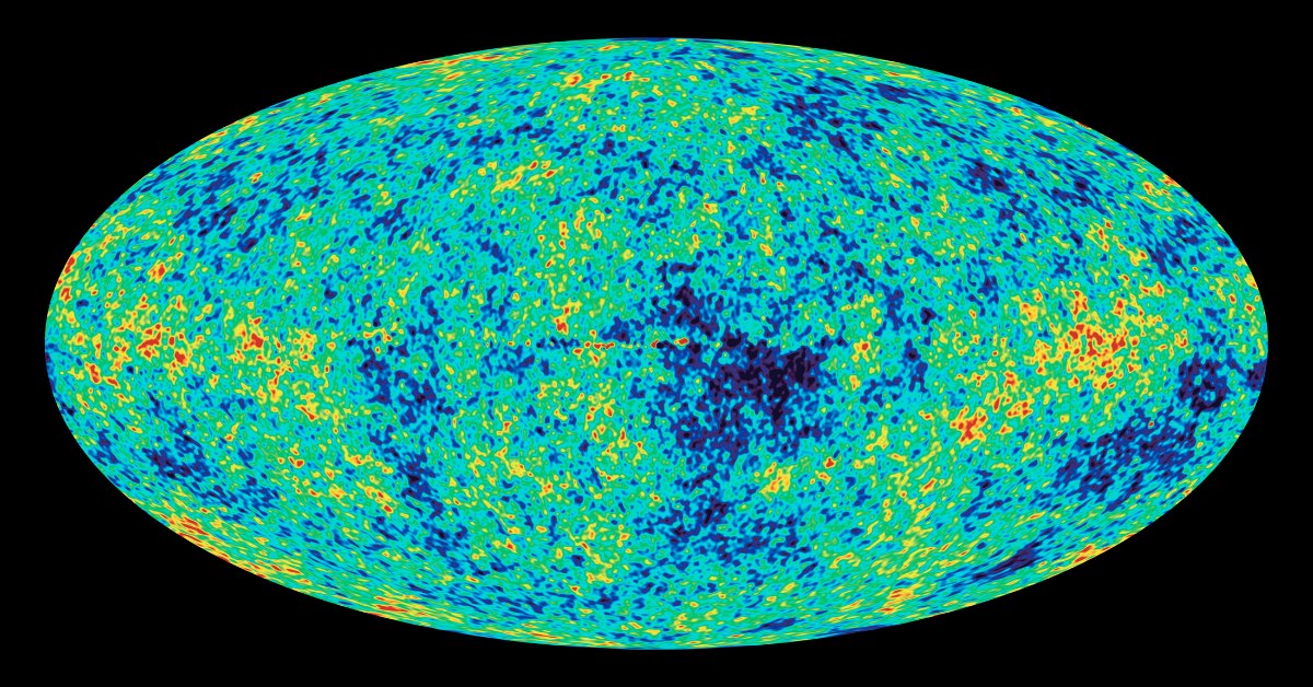 Mapa de todo o céu mostrando pequenas variações de temperatura na radiação cósmica de fundo, um dos principais dados usados para testar o modelo padrão da cosmologia