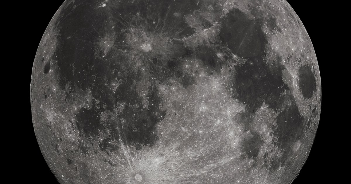 Fotografia da Lua cheia, cujo processo de formação a partir de um impacto gigante entre a Terra jovem e o proto-planeta Theia é o tema deste artigo